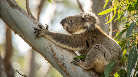 Koala in eucalyptus tree, Australia. This marsupial mammal has the scientific name Phascolarctos cinereus.の写真素材