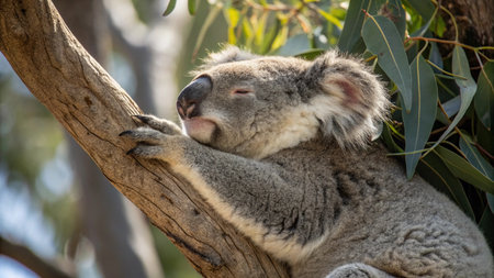 Australian koala sleeping on eucalyptus tree in Australiaの写真素材