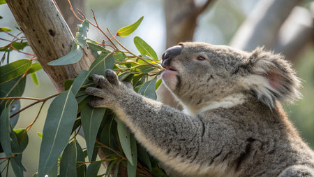 Koala eating eucalyptus leaves in eucalyptus treeの写真素材