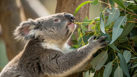 Koala eating eucalyptus leaves in the wild, Australiaの写真素材