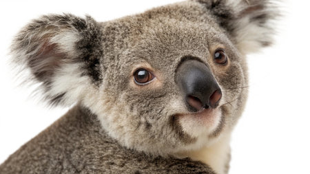 Close-up of a koala looking at camera on white backgroundの写真素材