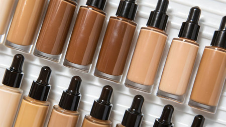 close up of brown and beige foundation bottles on white backgroundの写真素材