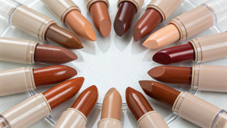 Many lipsticks arranged in circle on white background, top view.の写真素材