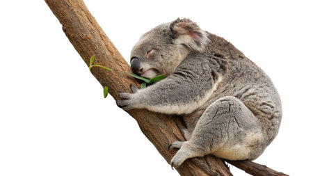 Koala bear sleeping on a tree branch isolated on a white backgroundの写真素材