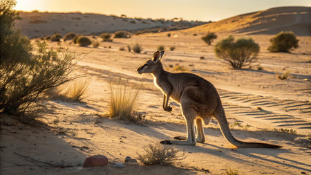 Kangaroo in the desert at sunsetの写真素材