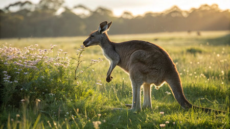 Kangaroo in the meadow at sunset, Kangaroo in the morningの写真素材