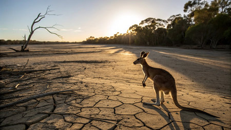 Kangaroo on dry land with sunset in the background, Australiaの写真素材