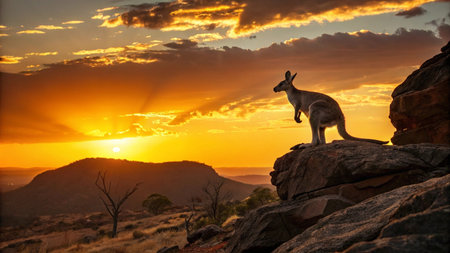 Kangaroo at sunset in the Australian outbackの写真素材