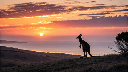 Kangaroo silhouette at sunset on the cliffs of Kangaroo Island, South Australiaの写真素材