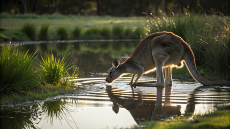 Kangaroo (Macropus giganteus) drinking water at sunsetの写真素材