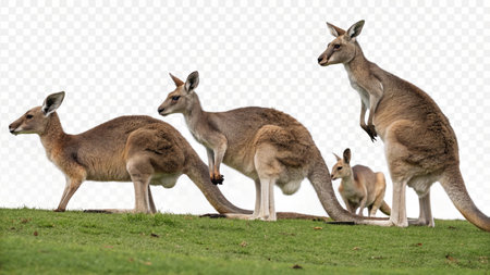 Kangaroos, Macropus giganteus, in the grass, isolated on white backgroundの写真素材