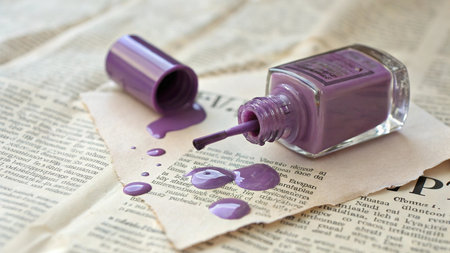 Purple nail polish spilled on old newspaper. Shallow depth of field.の写真素材