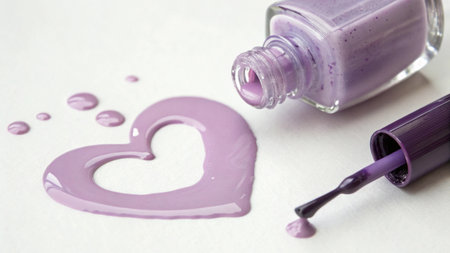 Purple nail polish and heart on a white background close-upの写真素材