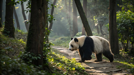 Giant panda walking in the forest, Chengdu, Chinaの写真素材