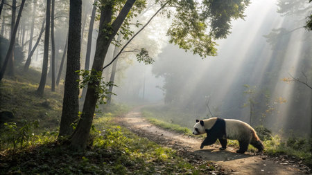 A giant panda in the forest at sunrise with rays of lightの写真素材