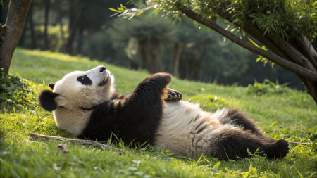 Giant panda eating bamboo in a park in Beijing, Chinaの写真素材