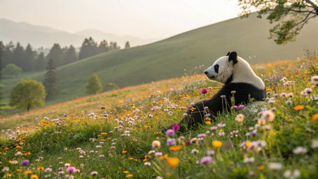 A giant panda is sitting on a meadow with flowers in the mountainsの写真素材
