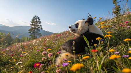 A giant panda in the high alpine meadow with flowersの写真素材