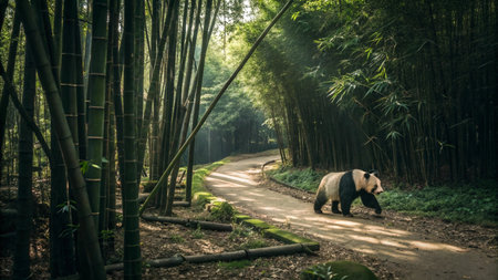 Panda walking in bamboo forest, Chengdu, Sichuan Province, Chinaの写真素材