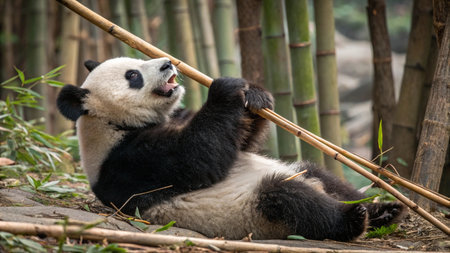 Giant panda bear eating bamboo in Chengdu, China.の写真素材