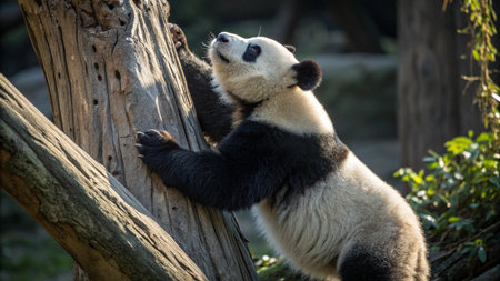A giant panda in the zoo is sitting on a tree.の写真素材