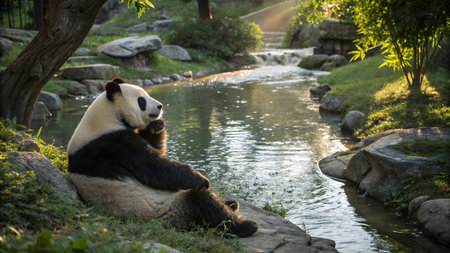 Giant panda eating bamboo in the park, Chengdu, Chinaの写真素材