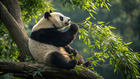 Giant panda bear eating bamboo in a forest, Chengdu, Chinaの写真素材