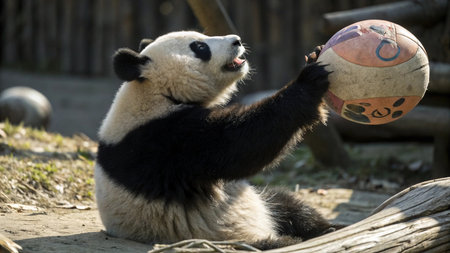 A giant panda in the zoo plays with a wooden ball.の写真素材