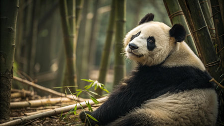 Giant panda in bamboo forest, Chengdu, Sichuan Province, Chinaの写真素材