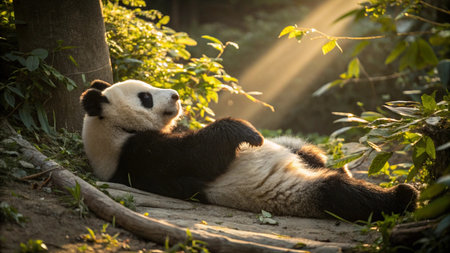 Giant panda bear sleeping in bamboo forest, Chengdu, Chinaの写真素材