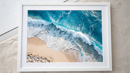 top view of white frame with picture of ocean wave on sand beach