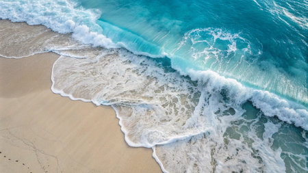Aerial view of beautiful beach with turquoise ocean waves and white sandの写真素材