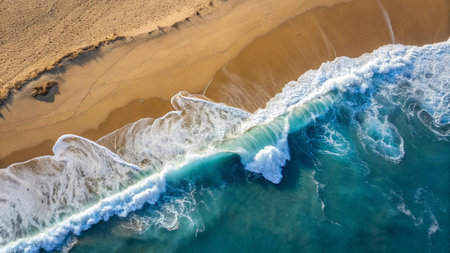 Aerial view of the waves breaking on the beach. Drone photo.