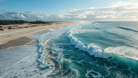 Aerial view of the beach with waves breaking on the sand.の写真素材