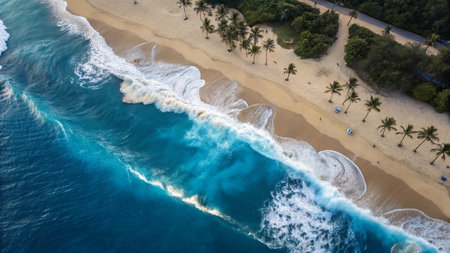 Aerial view of waves crashing on the sandy beach in Sri Lanka