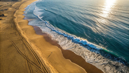 Aerial view of the beach at sunset, Fuerteventura, Canary Islands, Spainの写真素材