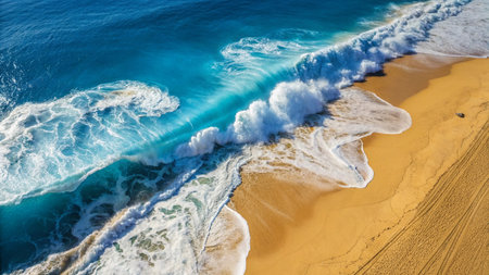 Aerial view of Atlantic ocean waves breaking on sandy beach, Portugalの写真素材