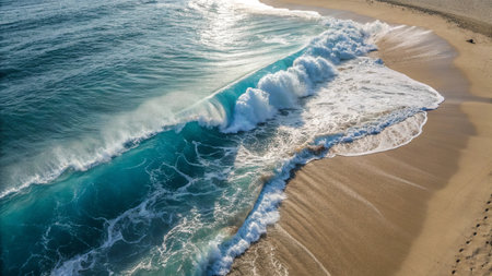Aerial view of waves breaking on a sandy beach in the morningの写真素材