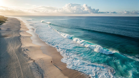 Aerial view of beautiful sandy beach with turquoise ocean waves during sunset