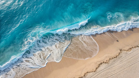 Aerial view of beautiful turquoise ocean waves on sandy beachの写真素材