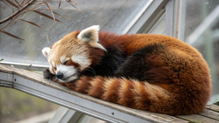 Red Panda (Ailurus fulgens) sleeping on the windowの写真素材