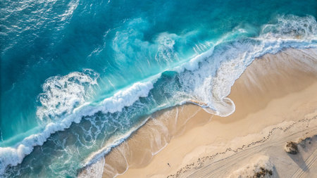 Aerial view of the ocean waves breaking on the sandy beach.の写真素材