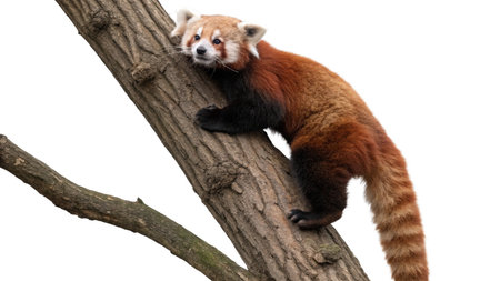 Red panda (Ailurus fulgens) on a tree isolated on white background