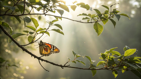 Butterfly on a branch in the morning sun. Beautiful nature background.