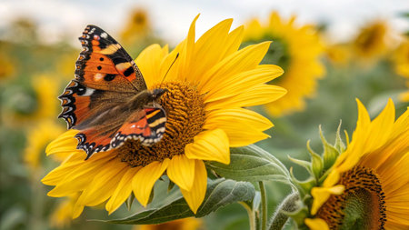 Butterfly on a sunflower in a field of sunflowersの写真素材