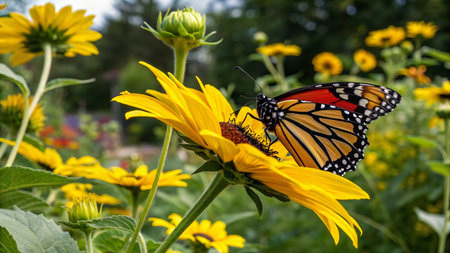 Monarch butterfly on a yellow flower in the garden. Selective focus.の写真素材