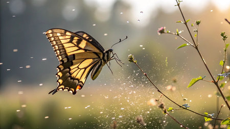 Butterfly in the rain. Swallowtail butterfly (Papilio machaon)の写真素材
