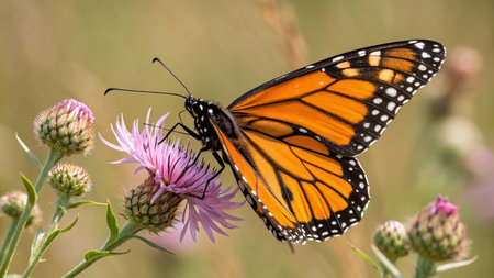 A monarch butterfly perched on a pink thistle flower in Maryland during the Summer