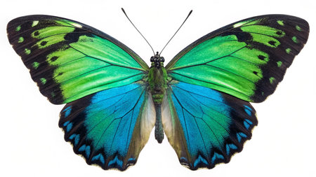 Beautiful butterfly isolated on white background. Blue and green butterfly.