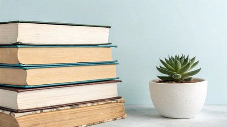 Stack of books and succulent in a pot on a light backgroundの写真素材